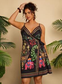 Travachic Vestido Camiseta com Amarração na Frente e Estampa Tropical em Plus Size