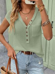 SHEIN LUNE Camiseta casual de punto inglés de color liso, primavera/verano - Verde - Ver 5