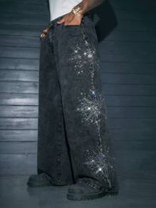 AXEPEAK Jeans de pierna recta larga para hombre con decoración de rhinestones, inspirado en el streetwear
