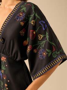 CAJUNI Women's Boho Vacation Parrot, Pineapple, Tropical Plant Printed V-Neck Batwing Sleeve Tie-Knot Waist Short Summer Vacation Dress - Multicolor - View 5