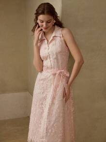 MOTF PREMIUM Vestido con cinturón con bordado floral - Rosa - Ver 1