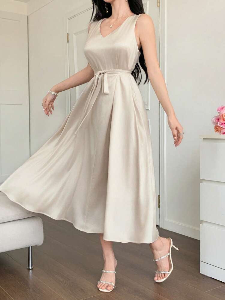 Women's V-Neck Sleeveless Satin Cinched Waist Waist Elegant Sexy Casual Party Midi Dress, Summer,Formal Women Dresses