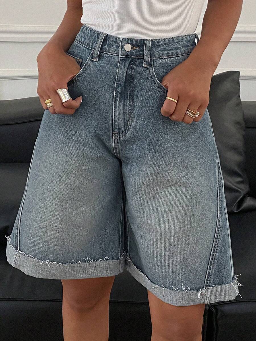 DAZY Women's Frayed Hem Wide Leg Shorts, Casual Street Style Loose Denim Shorts For Summer Y2k Streetwear - Medium Wash - View 1
