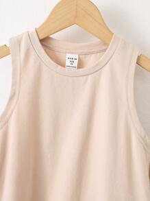 Loomiva Kleine Jungen 2 Stücke/Set Sommer lose einfarbiges Rundhals Trägershirt und Shorts mit Gummibund, Lässig Set - Khaki - Übersicht 3
