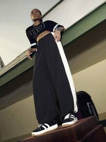 Streetz SHEIN Sport Pantalones casuales holgados con cintura elástica y piernas anchas de color contrastante para mujer