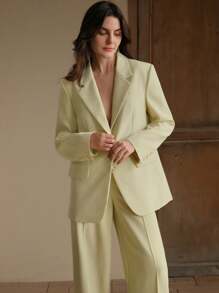 Bộ vest vest dài tay và quần dài cài nút màu trơn, phong cách Old Money, giản dị, váy dự tiệc cưới cho phụ nữ - Màu Mù tạt vàng - Xem 6