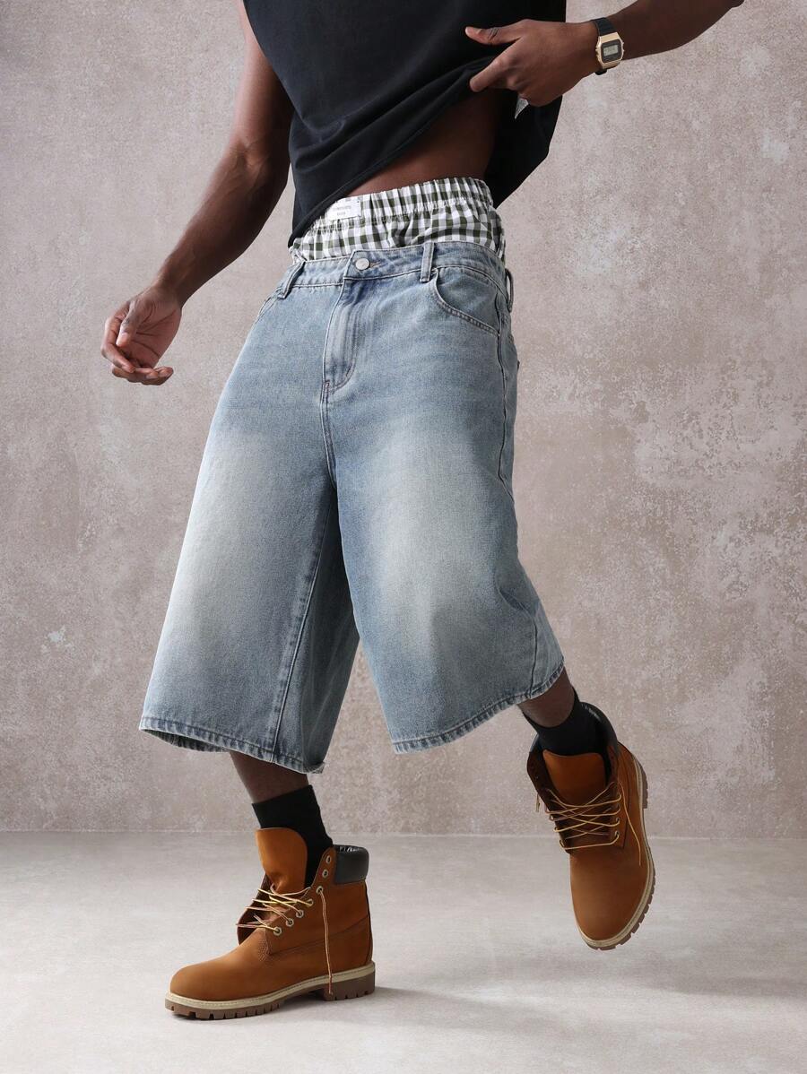 SUMWON Wide Leg Denim Bermuda Shorts Culotte Style Loose Fit Baggy Jean Culottes High Rise Streetwear Festival Summer Urban Fashion Cotton Distressed Long Shorts - Blue - View 1