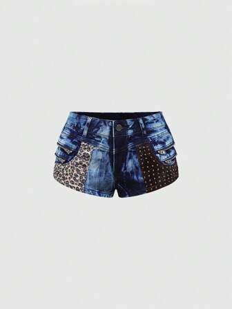 Grunge Punk Shorts di jeans vintage con stampa leopardata, a vita bassa, effetto vissuto, stile street, per donne
