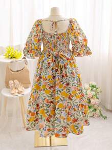 Soleia 大码女式V领泡泡袖系带蝴蝶结夏季长款连衣裙 - 彩色 - 查看 2