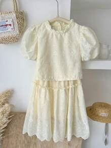 SHEIN Vintaside Kids 女童纯色短袖优雅衬衫和简约裙子两件套服装，春夏韩版风格 - 杏色 - View 4