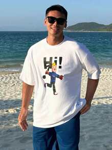 DAZY Summer Abstract Letter Print White Casual T-Shirt For Men,Graphic Tees - White - View 5