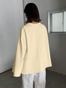 FRIFUL 女士休闲纯色落肩宽松半拉链喇叭袖 T 恤长袖女式上衣 - 杏色 - 查看 2