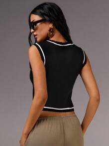 Athîral Blusa de punto sin mangas con botones delanteros y ribete de bloques de color para mujer