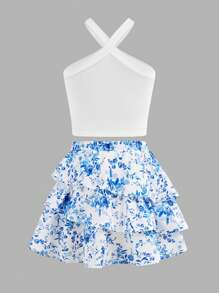 SHEIN Girlism Ensemble de 2 pièces pour filles pré-adolescentes : débardeur en tricot unicolore + jupe évasée imprimée en tissu, décontracté pour les vacances