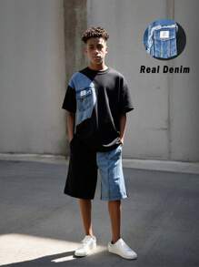 SHEIN Teenager Jungen Lässig minimalistisches Denim Patchwork T-Shirt kombiniert mit Shorts, geeignet für Frühling/Sommer Alltags Outfits