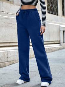 SHEIN Tall Pantalones de chándal con cordón y bolsillos Cottnline, para mujeres altas - Azul - Ver 5