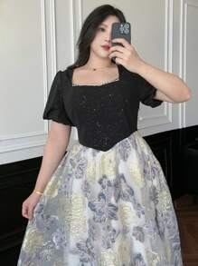 Dazy Plus Robe longue à manches bouffantes avec imprimé floral bicolore, pour porter lors de cérémonies, au printemps/été, robe décontractée pour femmes, robe de bal élégante pour femmes - Noir - Voir 7