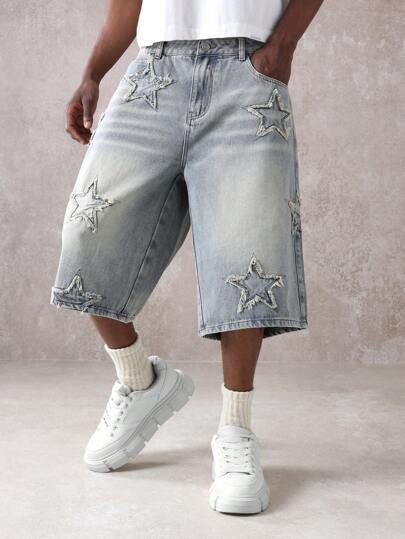 SUMWON Pantalones cortos vaqueros de pierna ancha con aplicación de estrella, con efecto desgastado y ajuste relajado, longitud hasta la rodilla, estilo casual de verano, moda de festival, estilo urbano con detalles de borde crudo