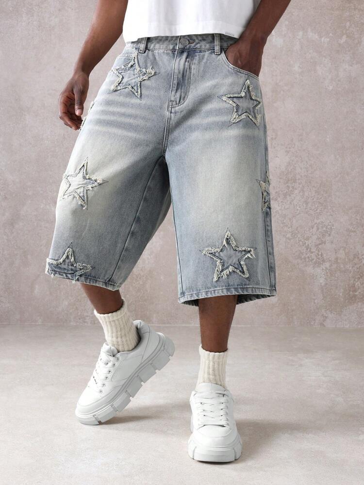 ★TRILLION★STAR APPLIQUE DAMAGE WASHING DENIM SHORTS★ STAR APPLIQUE DAMAGE WASHING DENIM SHORTS (YELLOW BLACK