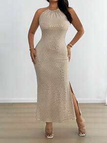 Flirla Abito aderente e ruched con paillettes, senza schienale e con collo a capestro - Cachi - Visualizzare 4