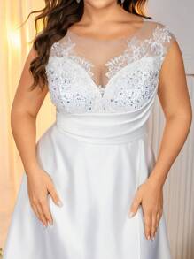 Glamrae Abito da sposa elegante e lussuoso con scollo a cuore, spalle aperte, arricciature, jacquard in raso, vita alta, taglio a trapezio e strascico, taglia grande