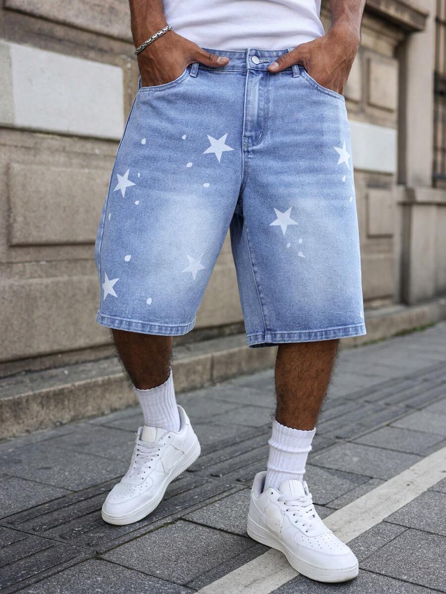 Manfinity Hypemode Men's Casual Star Print Denim Shorts, Summer College Going Out Urban Hang Out National Park