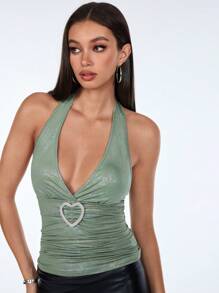 SHEIN Unity 爱心水晶纽扣露背系带背心，休闲度假百搭 - 綠色 - 查看 1
