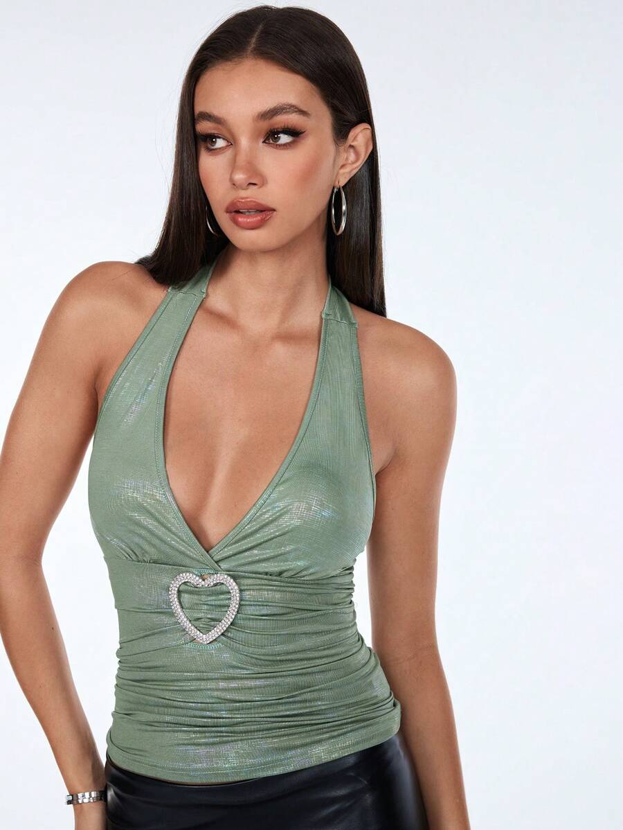 SHEIN Unity 爱心水晶纽扣露背系带背心,休闲度假百搭 - 綠色 - 查看 1