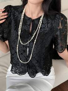 DAZY 女士优雅蕾丝短袖圆领单排扣衬衫 - 黑色 - 查看 9