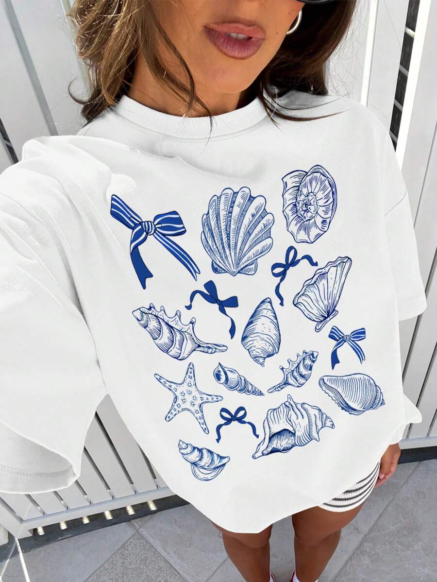 Women Loose Fit Seashell Print Round Neck Short Sleeve T-Shirt, Suitable For Summer