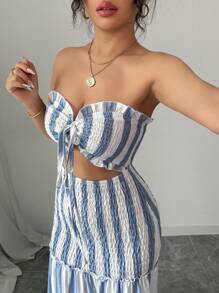 Elenzga Vestido de fiesta elegante de verano 2025 con escote cruzado de rayas, vestido deslizable con cintura anudada y sin tirantes, vestido versátil y sexy adecuado para citas, salidas, vacaciones, bodas, fiestas, carnavales, Pascua, festivales de música, festivales de cerveza