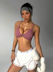 Easithlete Women's Summer Striped Criss-Cross Back Hook Front Sports Bra