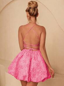 Glamine Sensual Design Backless Spaghetti Strap Peplum Waist Mini Dress For Women - Hot Pink - View 2