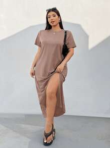 SHEIN EZwear Vestido casual holgado de manga corta con abertura para mujer de talla grande en color marrón