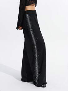 LYSMO Women's Black Woven Fabric Party Pants With Rhinestone Detailing And Zipper Closure - Black - View 3