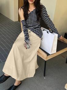 DAZY 女士纯色弹力腰休闲度假半身裙，适合夏季穿着 - 米色 - 查看 2