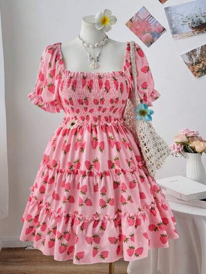 Sweetra Plus Size Diamond Neck Pattern Strawberry Print Splice Ruffles Summer Short Sleeve Women Casual Dress