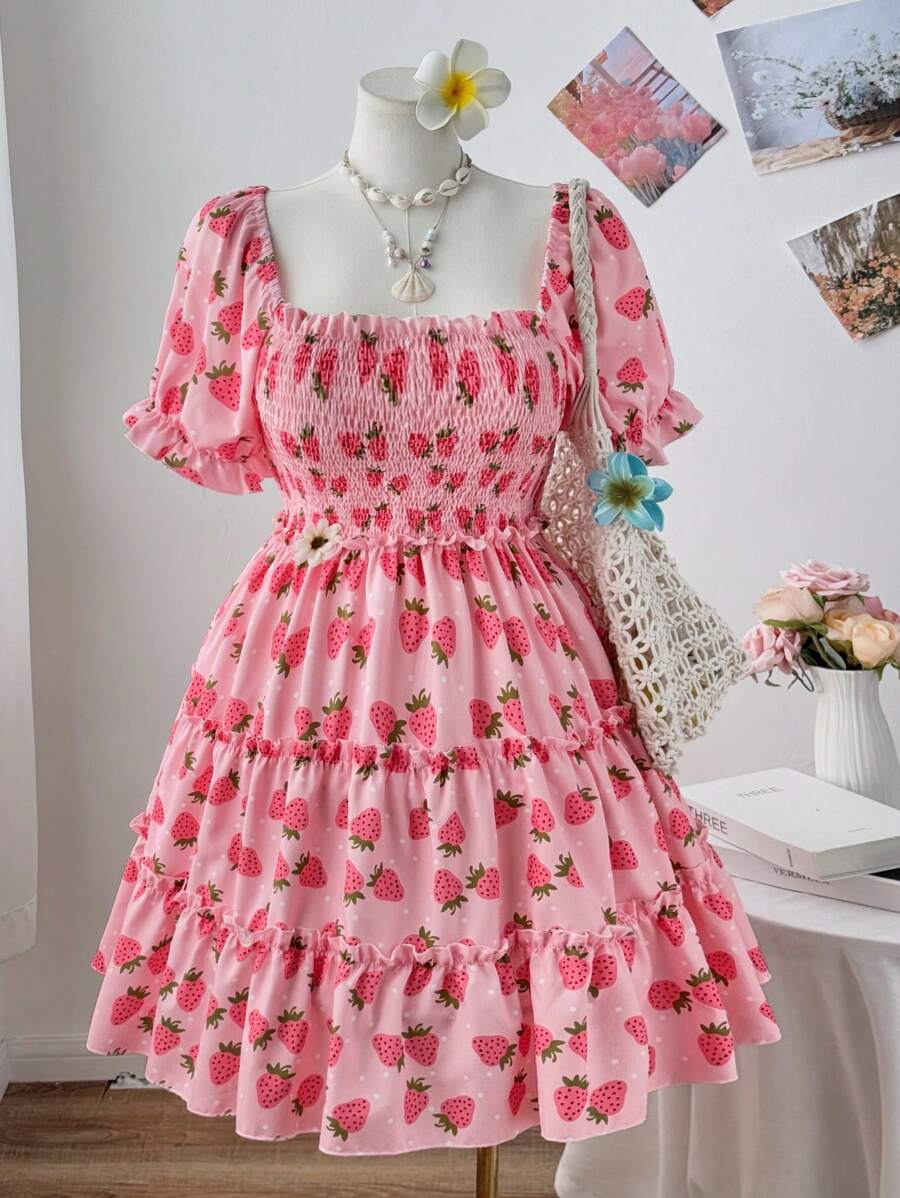 Sweetra Plus Size Diamond Neck Pattern Strawberry Print Splice Ruffles Summer Short Sleeve Women Casual Dress - Multicolor - View 1