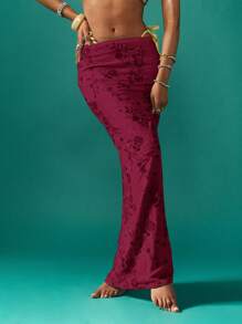 MISSGUIDED Velvet Floral Jacquard Maxi Skirt Fall Winter Evening Party Wear Stretchy Form Fitting Long Floor Length Side Tie Festival Holiday Celebration - Hot Pink - View 6