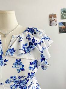 Dreamara Plus Size Women Floral V-Neck Cinched Waist Ruffle Hem Mid-Length Dress, Blue, Summer - Blue and White - View 6