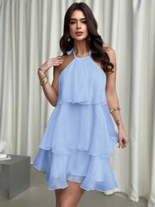 Firerie 浪漫露背多层下摆白色欧根纱吊带裙、泡泡袖连衣裙、娃娃裙、情人节约会礼服 - 藍色 - 查看 4