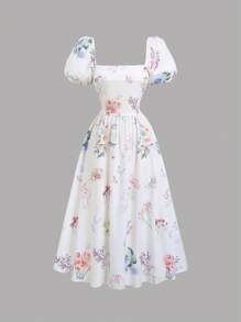 Sweetra Vestido midi de verano francés, vestido elegante de alta gama con estampado de tulipanes para señoras