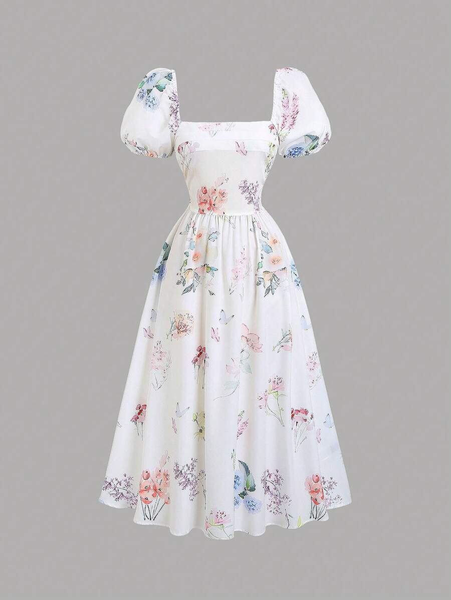 Sweetra Vestido midi de verano francés, vestido elegante de alta gama con estampado de tulipanes para señoras