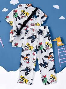 SHEIN 2 pezzi Completo casual per bimbi piccoli con camicia a colletto e pantaloni con stampa colorata di cani, con borsa a tracolla, adatto per attività all'aperto, primavera/estate