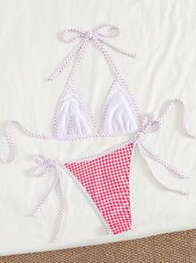 Swim Mod 2pcs Floral Print Women's Vacation Swimwear Set, Crop Top With Neck Tie And Side Tie Bottoms For Summer - Multicolor - View 3