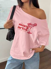 Flirla 玛格丽塔马提尼印花超大不对称领口 T 恤，粉色，春季 - 粉色 - 查看 3