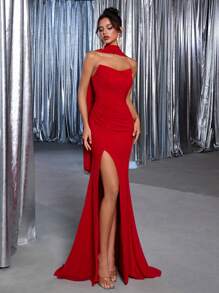 Glamrae Elegant Sexy High Slit Strapless Wine Red Ribbon Formal Evening Gown (Embellished),Graduation,Teacher Outfits For Women,Teacher Dress - Red - View 1