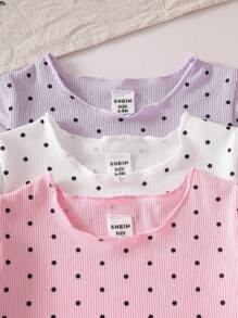 SHEIN Playful Pals 女童波尔卡圆点短袖上衣和短裤三件套，适合幼儿的时尚夏季服装 - 彩色 - 查看 5
