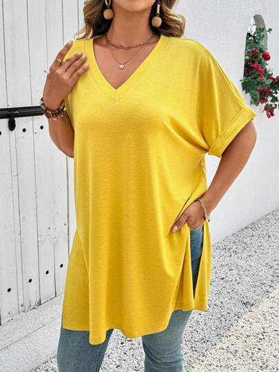 EMERY ROSE Plus Size Women Loose Casual Basic V-Neck Short Sleeve T-Shirt