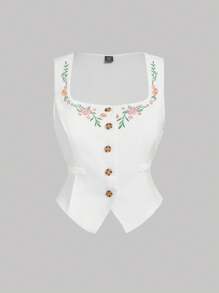 SHEIN MOD White Embroidered Plus Size Women Cropped Suit Jacket - White - View 1